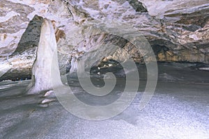 A colorful view of the ice cave in the glacier in slovakia- vintage effect