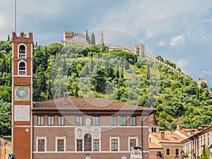 Colorful view of Marostica fortress with two castles and surrounding wall