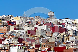 Tangier, Morrocco - Colorful View of Tangier Houses Rooftops Skyline Water Tower Antenna
