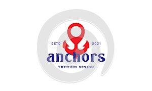 Colorful vintage anchor with pin map location logo symbol vector icon illustration graphic design