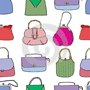 Colorful vintage bags, clutches and purses seamless pattern. Hand drawn vector illustration. Elegant and trendy