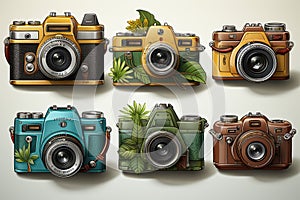 Colorful vintage cameras and green plant icons for capturing summer travel memories