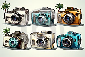 Colorful vintage cameras with palm trees icons for capturing unforgettable summer travel memories photo