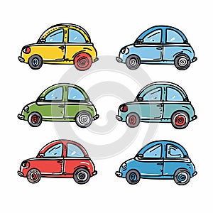 Colorful vintage cars illustration, compact classic automobiles collection. Six small retro cars photo
