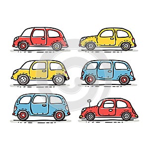 Colorful vintage cars illustration, six classic automobiles. Row oldfashioned vehicles, cartoon
