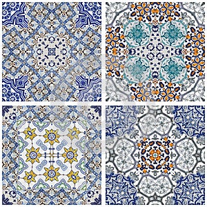 Colorful vintage ceramic tiles wall decoration digitally generated in classic blue and white