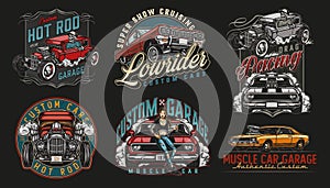 Colorful vintage custom cars emblems