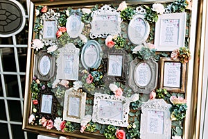 Colorful vintage frames with the list of the wedding guests