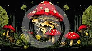 Colorful Vintage Frog and Mushroom Vector Illustration - High-Resolution Pattern Design. photo