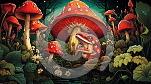 Colorful Vintage Frog and Mushroom Vector Illustration - High-Resolution Pattern Design. photo