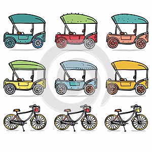 Colorful vintage golf carts bicycles line art, variety caddies bikes leisure, simple clean design