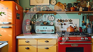 Colorful vintage kitchen interior with orange refrigerator, teal toaster, red stove