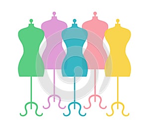 Colorful vintage mannequins on white background.