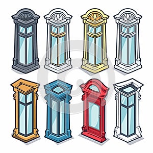 Colorful vintage phone booths, cartoon style, multiple colors. Set classic British telephone photo