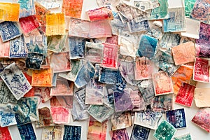 Colorful vintage postage stamps collection on display