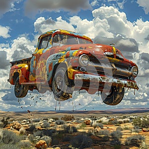 Colorful Vintage Truck Levitating Above A Desert Landscape, Paint Peeling, Under A Dynamic Sky