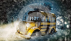 Colorful vintage yellow bus with Christmas tree