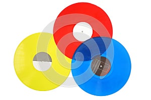 colorful Vinyl record on a white background. Retro style. Top view. Flat lay, copy space.