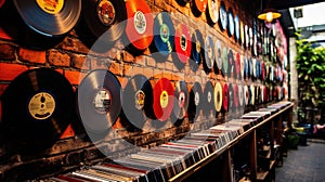 Colorful vinyl records on brick wall