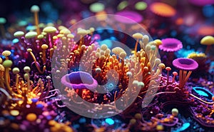 Colorful vivid bacteria and viruses microscope macro shot