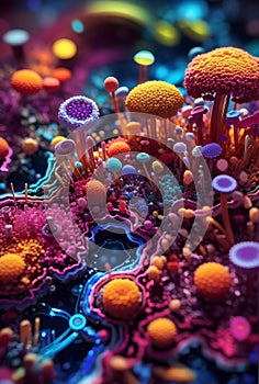 Colorful vivid bacteria and viruses microscope macro shot