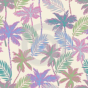 Colorful vivid palm tree, leaf silhouettes, outlines seamless pattern