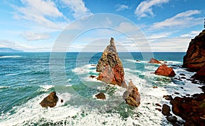 Colorful volcanic rock formations on Ponta de Sao Lourenco peninsula, Pedra Furada, Madeira island, Portugal