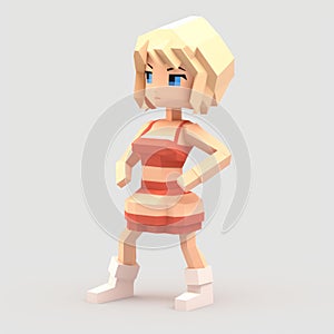 Colorful Voxel Art: The Pixellated Girl In A Dress With Red Shoes