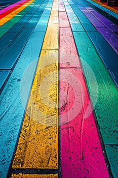 A colorful walkway with a rainbow stripe