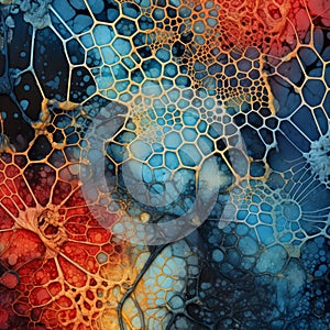 Colorful Wall Art: Cells In Dark Orange And Blue With Intricate Webs