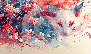 A colorful wall art featuring a stylized kitsune mask surrounded by cherry blossoms. Generate AI