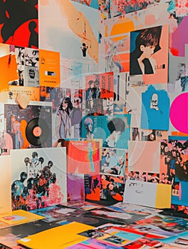 Colorful wall collage featuring music and pop culture elements in a vibrant indoor space. Generative AI photo