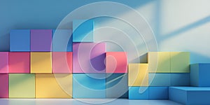 A colorful wall made of blocks with a blue background