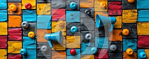 Colorful wall with megaphones and knobs photo