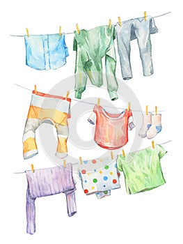 Colorful washed clothes hanging watercolor art