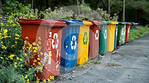 Colorful waste containers line the roadside, adding vibrancy to the surroundings