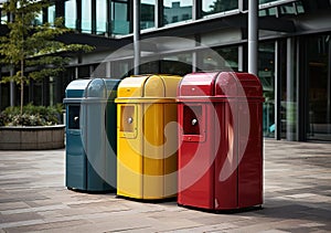 Colorful Waste Management: Orange, Yellow, and Blue Trash Bins Lined Up on a City Street