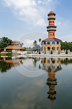 The colorful watchtower Ho Withun Thasana of the Royal Palace in Bang Pa In, Thailand