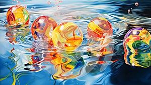 Colorful water balls dropping into a clear pool, creating captivating