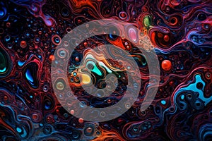 Colorful water bubbles floating in a dark, glowing liquid. Abstract background featuring various hues of bubbles creating a photo