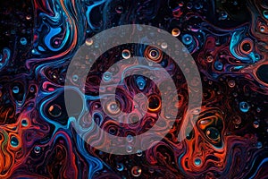 Colorful water bubbles floating in a dark, glowing liquid. Abstract background featuring various hues of bubbles creating a photo