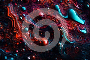 Colorful water bubbles floating in a dark, glowing liquid. Abstract background featuring various hues of bubbles creating a photo