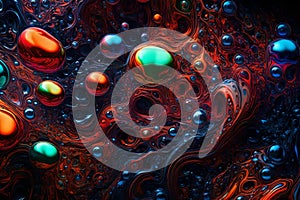Colorful water bubbles floating in a dark, glowing liquid. Abstract background featuring various hues of bubbles creating a photo