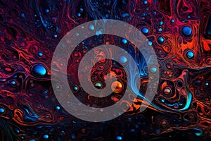 Colorful water bubbles floating in a dark, glowing liquid. Abstract background featuring various hues of bubbles creating a photo
