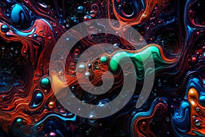 Colorful water bubbles floating in a dark, glowing liquid. Abstract background featuring various hues of bubbles creating a photo