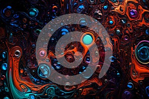 Colorful water bubbles floating in a dark, glowing liquid. Abstract background featuring various hues of bubbles creating a photo