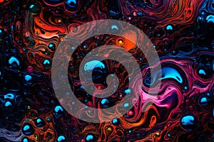 Colorful water bubbles floating in a dark, glowing liquid. Abstract background featuring various hues of bubbles creating a photo