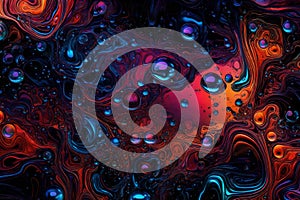 Colorful water bubbles floating in a dark, glowing liquid. Abstract background featuring a vibrant array of bubbles in various photo