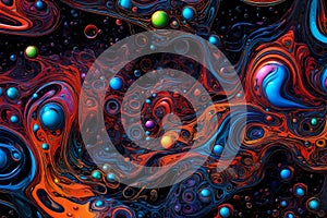 Colorful water bubbles floating in a dark, glowing liquid. Abstract background featuring a vibrant array of bubbles in various photo