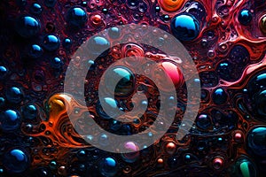 Colorful water bubbles floating in a dark, glowing liquid. Abstract background featuring a vibrant array of bubbles in various photo